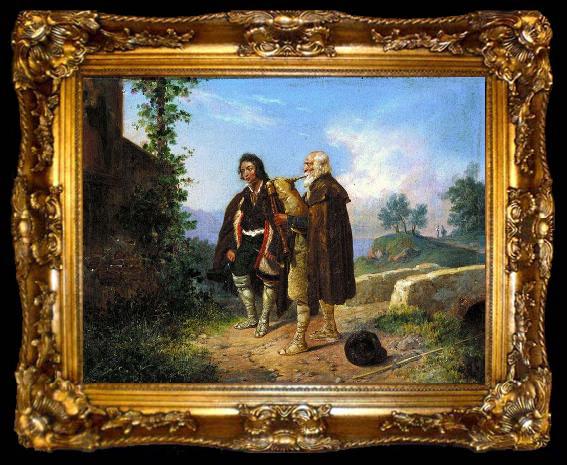 framed  Ludwig Vogel Two peasants, one with the bagpipes by a bridge, ta009-2
